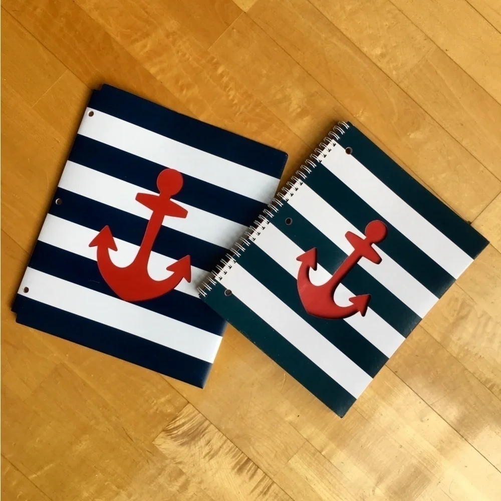Nautical Anchor on Stripe Notebook + Folder Stationery Set, Navy, White, Red